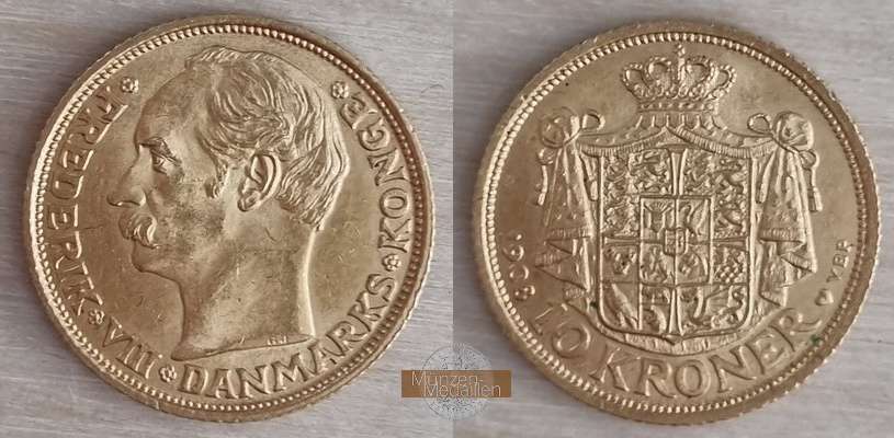 Dänemark, Frederik VIII. (1906-1912) MM-Frankfurt Feingold: 4,03g 10 Kroner 1908 VBP 