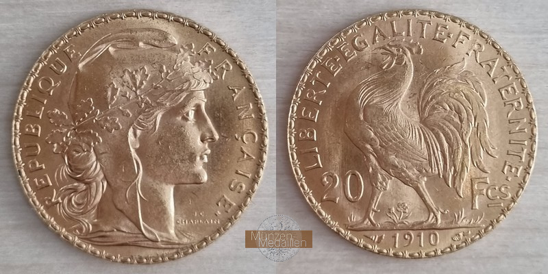 Frankreich  20 Francs MM-Frankfurt Feingold: 5,8g Marianne 1910 