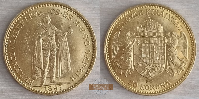 Ungarn MM-Frankfurt  Feingold: 6,10g 20 Kronen 1897 