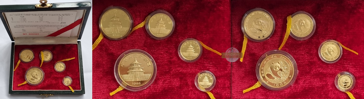 China 5 Goldmünzen MM-Frankfurt Feingewicht: 1,9oz/59,09g Gold 5-100 Yuan (Panda) 1988 pp gekapselt