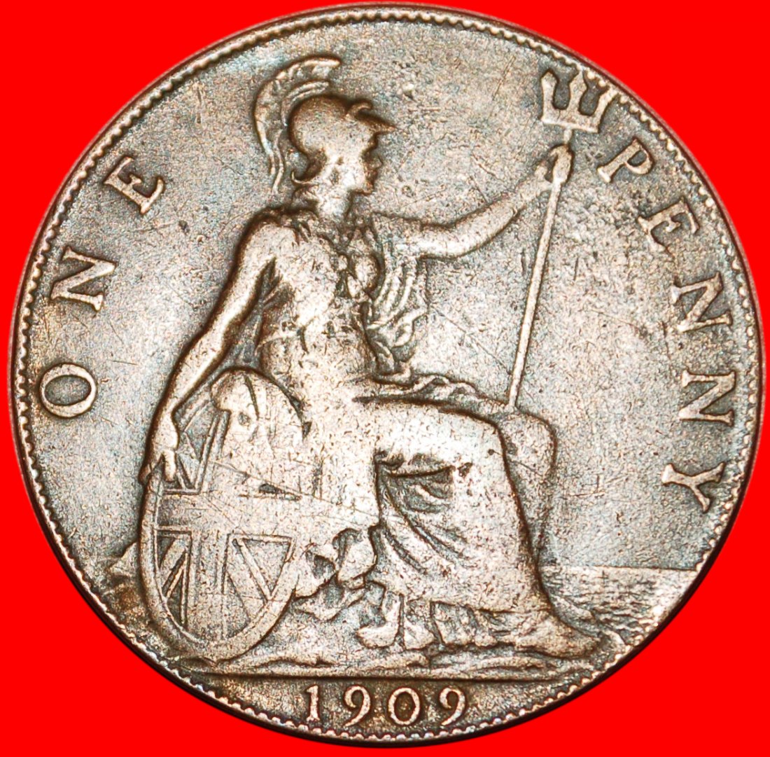  * HERRIN DER SEEN★GROSSBRITANNIEN★ PENNY 1909 EDWARD VII (1902-1910)! INTERESSANTER ★OHNE VORBEHALT!   