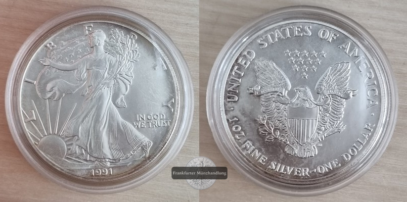  USA.   1 Dollar 1991 American Silver Eagle   FM-Frankfurt     Feinsilber: 31,1g   