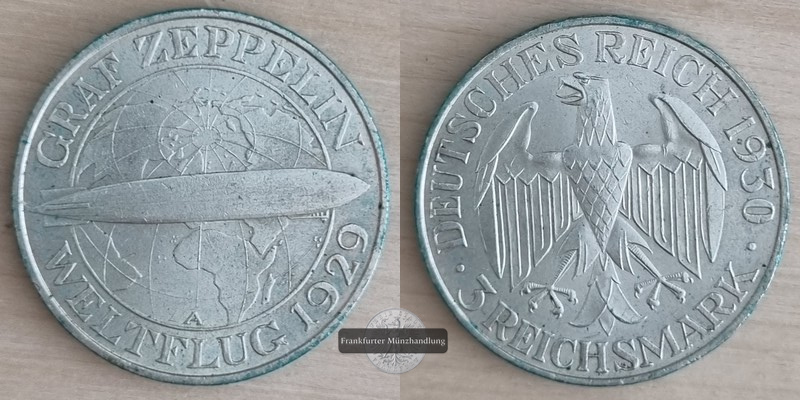  Deutsches Reich , Weimarer Republik 3 Reichsmark 1930 A  Graf Zeppelin FM-Frankfurt Feinsilber: 7,5g   