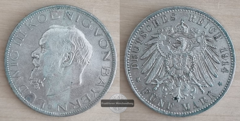 Deutsches Kaiserreich. Bayern, Ludwig III.  5 Mark 1914 D  FM-Frankfurt  Feinsilber: 25 g   