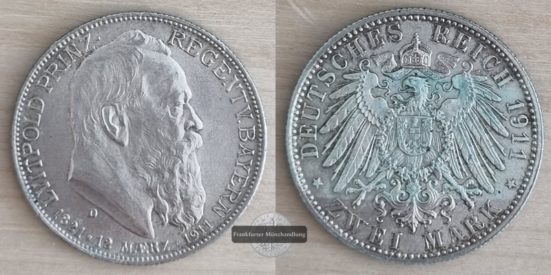  Deutsches Kaiserreich. Bayern, Luitpold (Prinzregent). 2 Mark 1911 D  FM-Frankfurt Feinsilber: 10g   