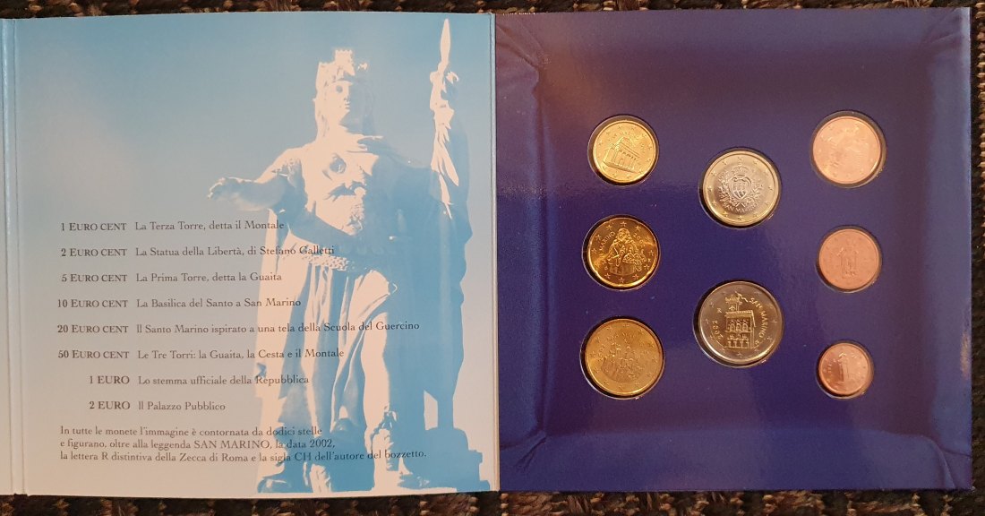  San Marino 2002, originaler Kursmünzensatz von 1 Cent - 2 € (3,88 €), 8 Münzen im Originalfolder   