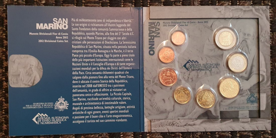  San Marino 2012, originaler Kursmünzensatz von 1 Cent - 2 € (3,88 €), 8 Münzen im Originalfolder   
