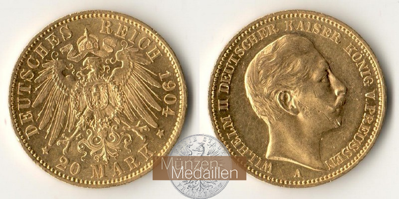 Dt. Kaiserreich. Preussen Wilhelm II. MM-Frankfurt Feingold: 7,17g 20 Mark 1904 A 