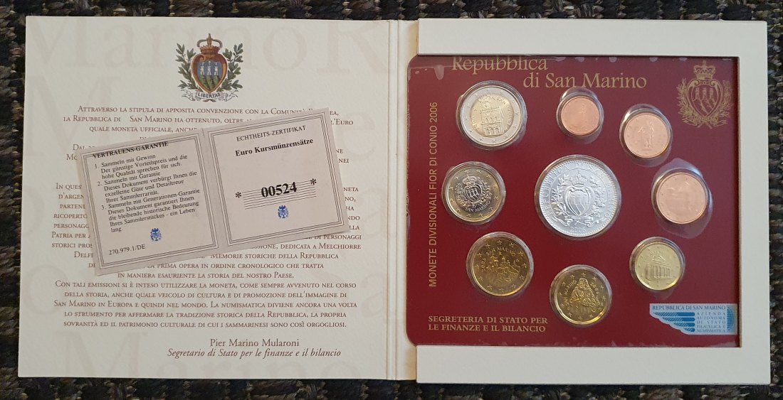  San Marino 2006, originaler Kursmünzensatz von 1 Cent-2 € + 5 € (8,88 €), 9 Münzen im Originalfolder   
