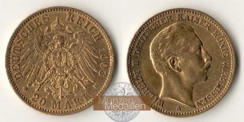 Preussen, Kaiserreich  20 Mark MM-Frankfurt Feingold: 7,17g Wilhelm II.  1891 - 1918 1903 A 