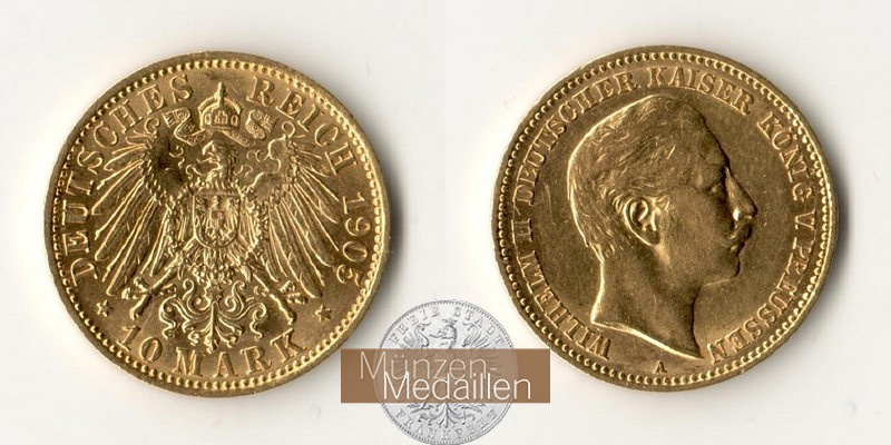 Preussen, Kaiserreich  10 Mark MM-Frankfurt Feingold: 3,58g Wilhelm II. 1891-1918 1905 A 
