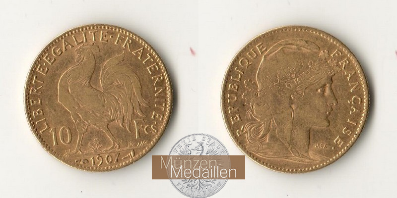 Frankreich  10 Francs MM-Frankfurt Feingold: 2,9g Marianne 1907 