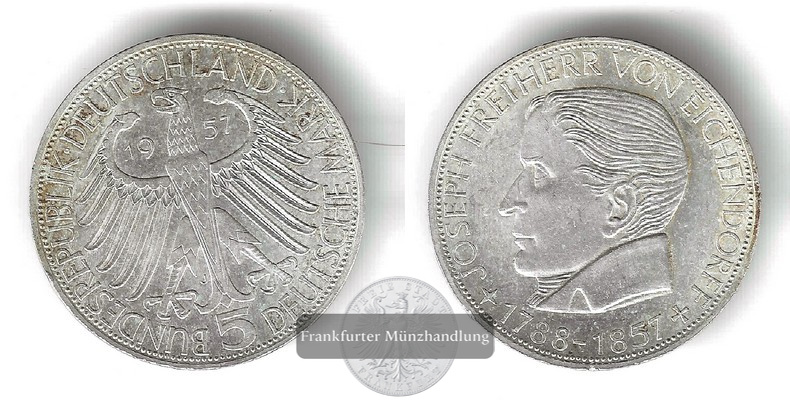  BRD  5 DM 1957 J Eichendorff   FM-Frankfurt  Feinsilber: 7g   