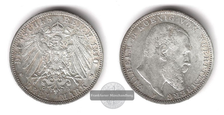  Deutsches Kaiserreich.  Württemberg, Wilhelm II. 3 Mark 1910 F   FM-Frankfurt  Feinsilber: 15g   