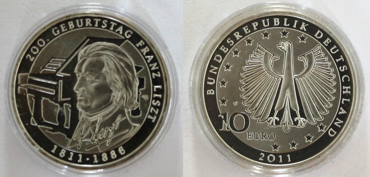  BRD: 10 EURO Ag625 2011 G Franz Liszt Jaeger 559 Stgl. in Kapsel 16 g / 32,5 mm   