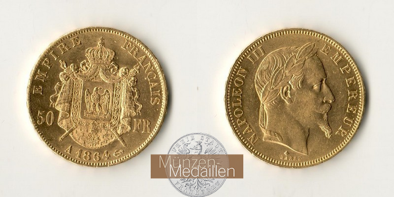 Frankreich  50 Francs  1864 A MM-Frankfurt Feingold: 14,52g Napoleon III.  