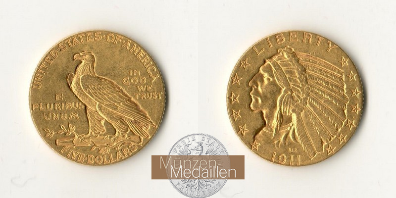 USA  5 Dollar MM-Frankfurt   Feingold: 7,52g Half Eagle Indian Head 1911 