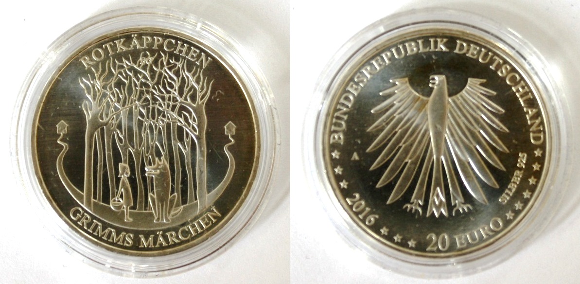  BRD: 20 EURO Ag925 2016 A Rotkäppchen Jaeger 604 Stgl. in Kapsel 18 g / 32,5 mm   