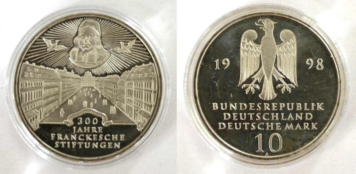  BRD: 10 DM Ag925 1998 A 300 Jahre Franckesche Stiftungen Jaeger 470 vz-Stgl. in Kapsel 15,5 g / 32,5   