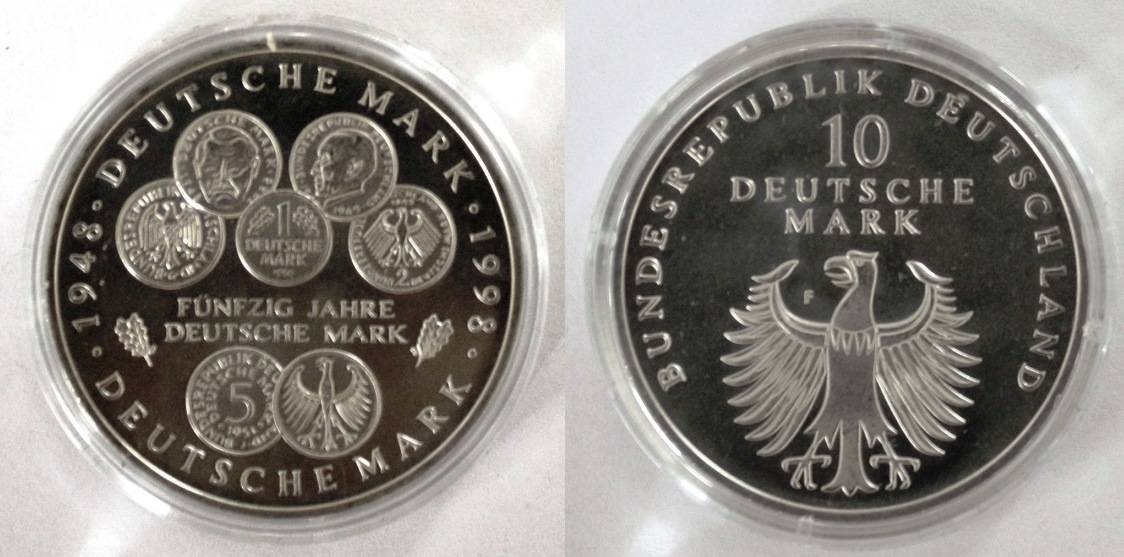  BRD: 10 DM Ag925 1998 F 50 Jahre Deutsche Mark Jaeger 469 vz-Stgl. in Kapsel 15,5 g / 32,5 mm   