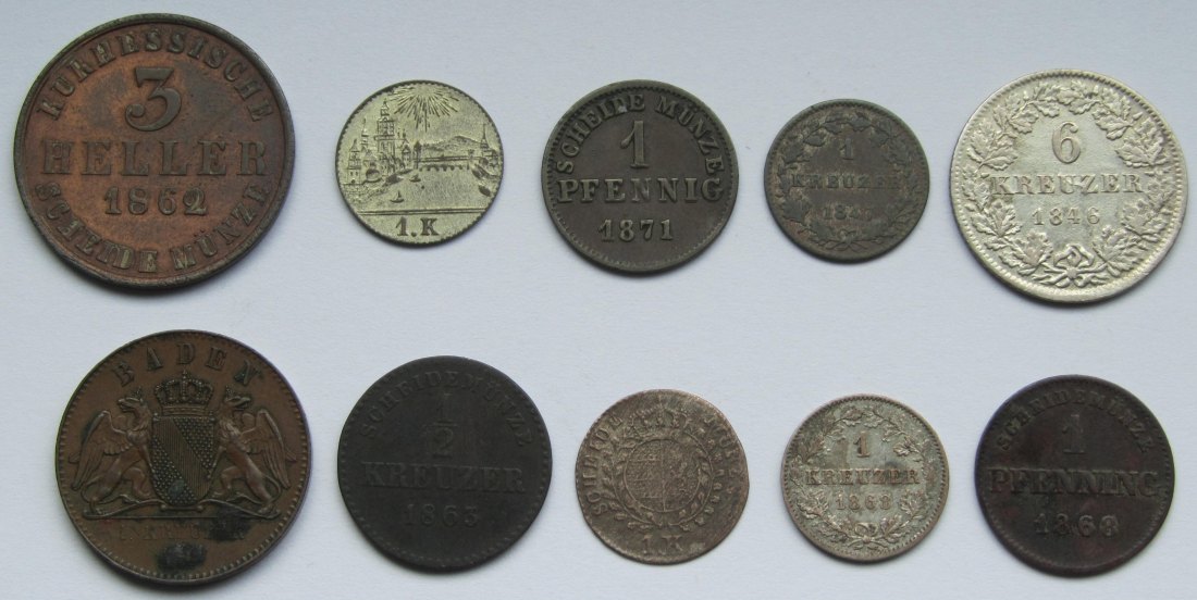  Altdeutschland: Lot aus zehn verschiedenen Kleinmünzen Süddeutschland   