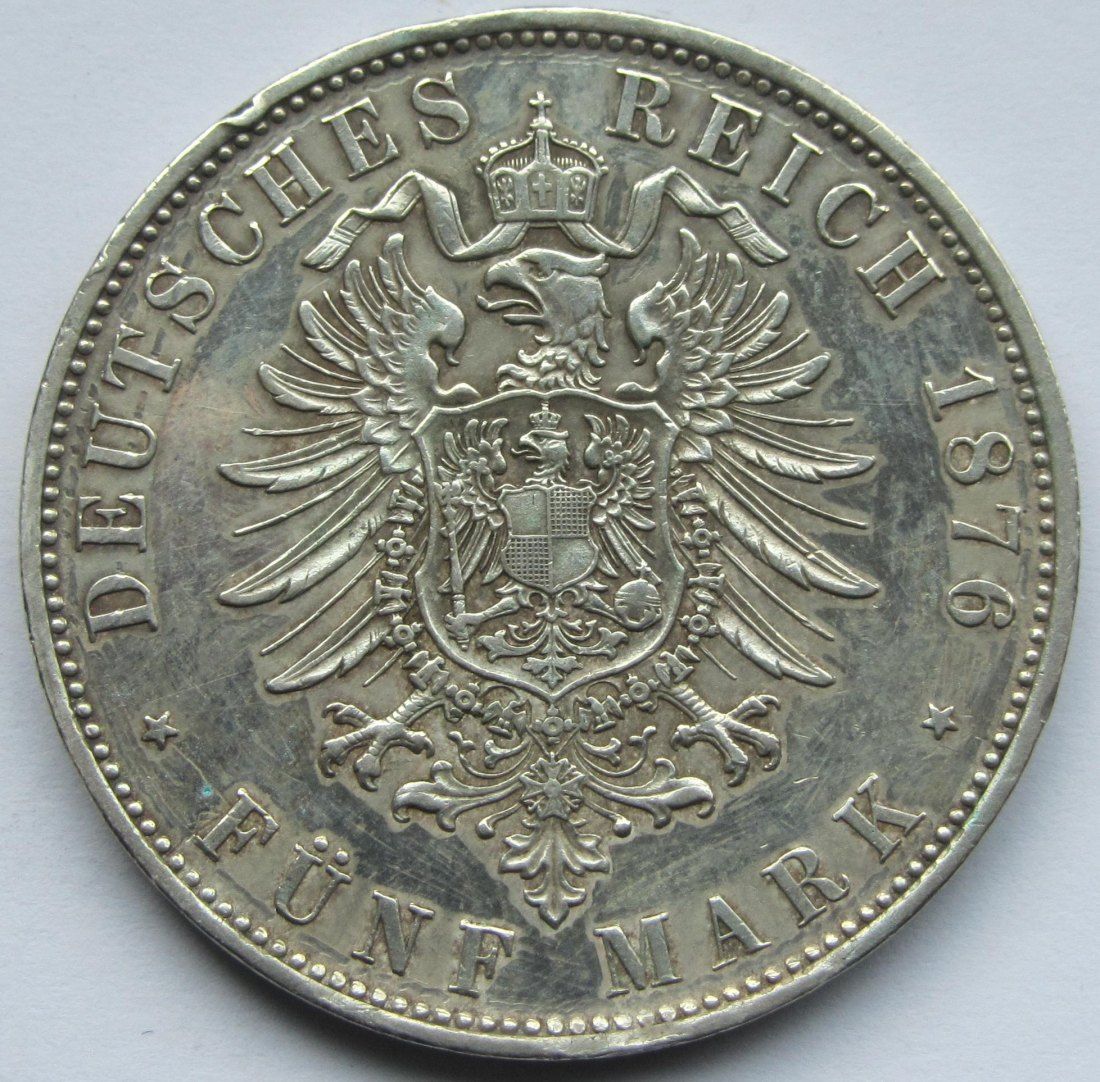  Kaiserreich: Bayern, 5 Mark Ludwig II. (Jaeger 42), 1876   