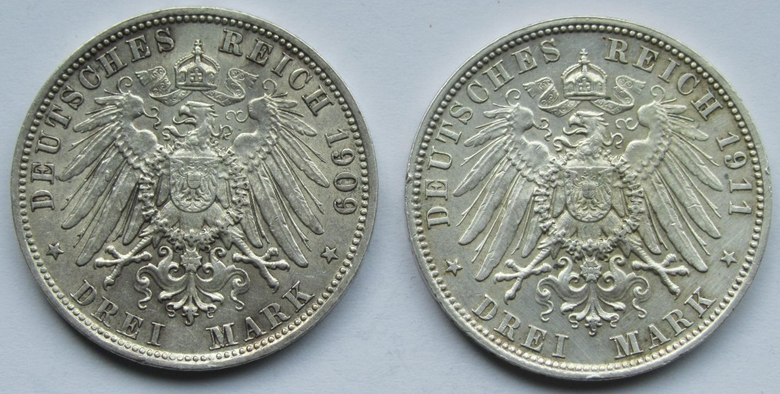  Kaiserreich: Bayern, 3 Mark Otto (Jaeger 47), 1909 + 1911   