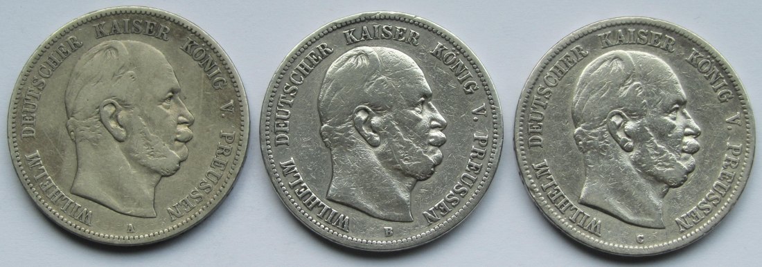  Kaiserreich: Preußen, 5 Mark Wilhelm I. (Jaeger 97), 3 Stück (1874 A + 1876 B + 1876 C)   