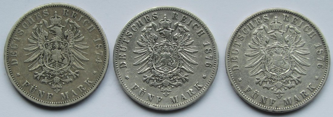  Kaiserreich: Preußen, 5 Mark Wilhelm I. (Jaeger 97), 3 Stück (1874 A + 1876 B + 1876 C)   