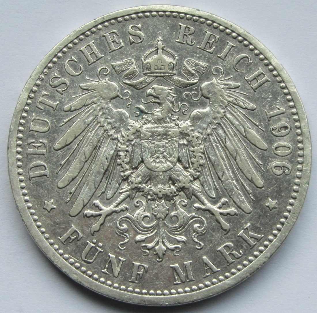  Kaiserreich: Preußen, 5 Mark Wilhelm II. (Jaeger 104), 1906, seltener Jahrgang   