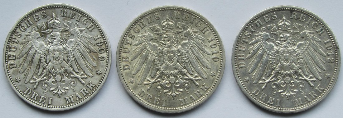  Kaiserreich: Preußen, 3 Mark Wilhelm II. (Jaeger 103), 3 Stück (1909 + 1910 + 1912)   