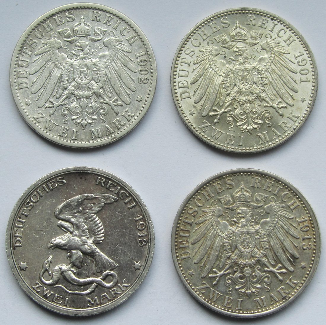  Kaiserreich: Preußen, vier verschiedene 2 Mark   
