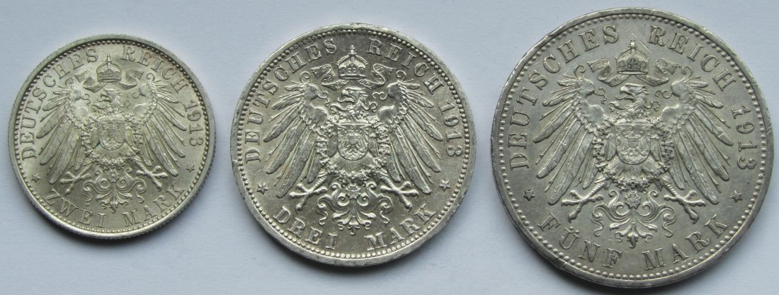  Kaiserreich: Preußen, 2 + 3 + 5 Mark Wilhelm II. in Uniform, 1913   