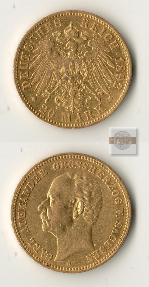 Dt. Kaiserreich, Sachsen-Weimar-Eisenach MM-Frankfurt Feingold: 7,17g Carl Alexander. 20 Mark 1892 A 