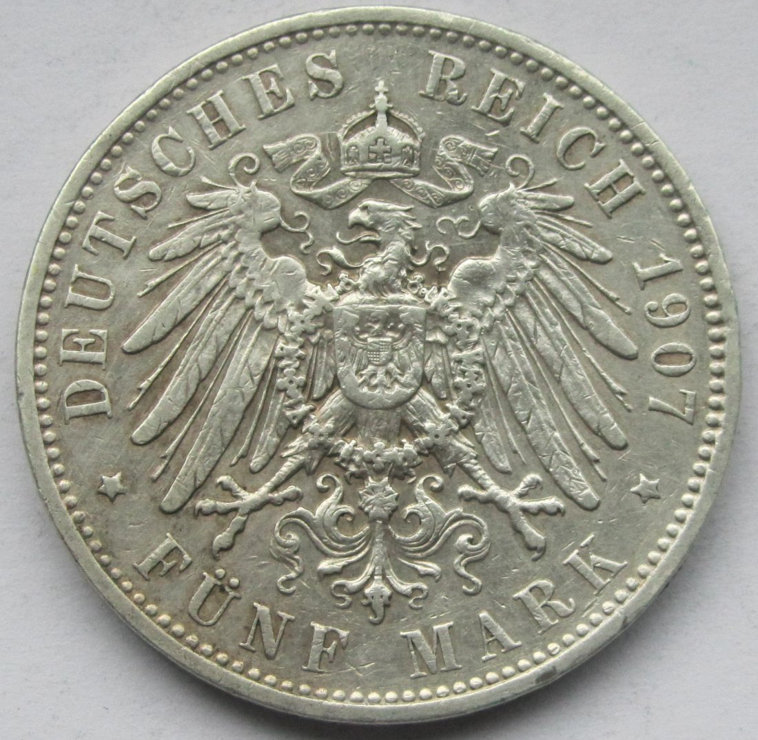  Kaiserreich: Sachsen, 5 Mark Friedrich August III. (Jaeger 136), 1907   