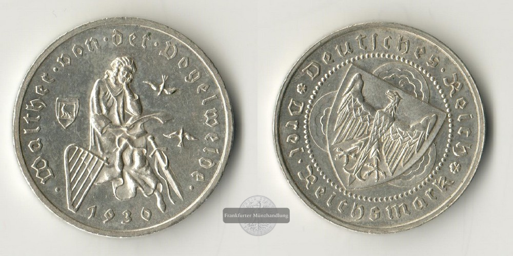  Deutschland, Weimarer Republik, 1919-1933.  3 Reichsmark 1930 G  FM-Frankfurt Feinsilber: 7,5g   