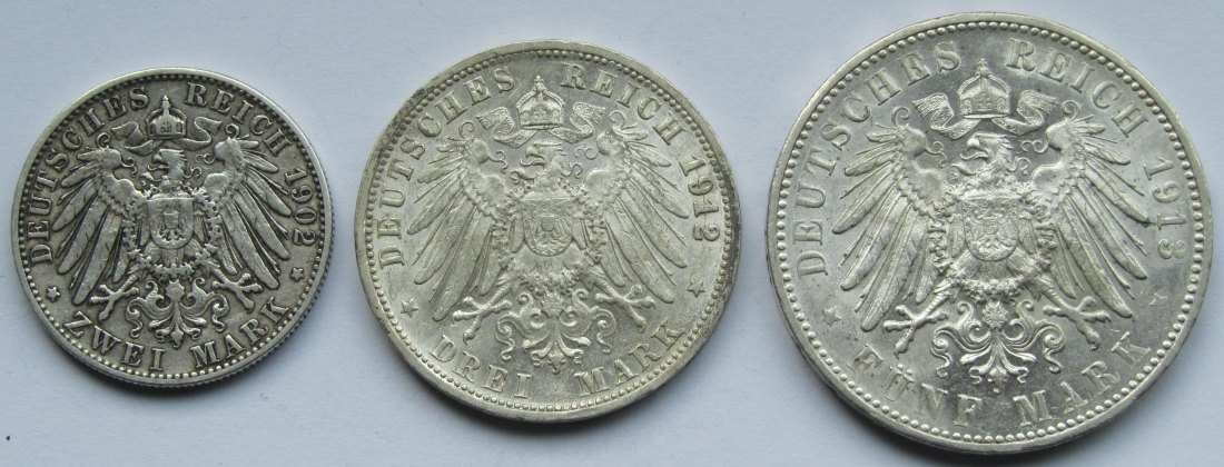  Kaiserreich: Württemberg, 2 + 3 + 5 Mark Wilhelm II.   