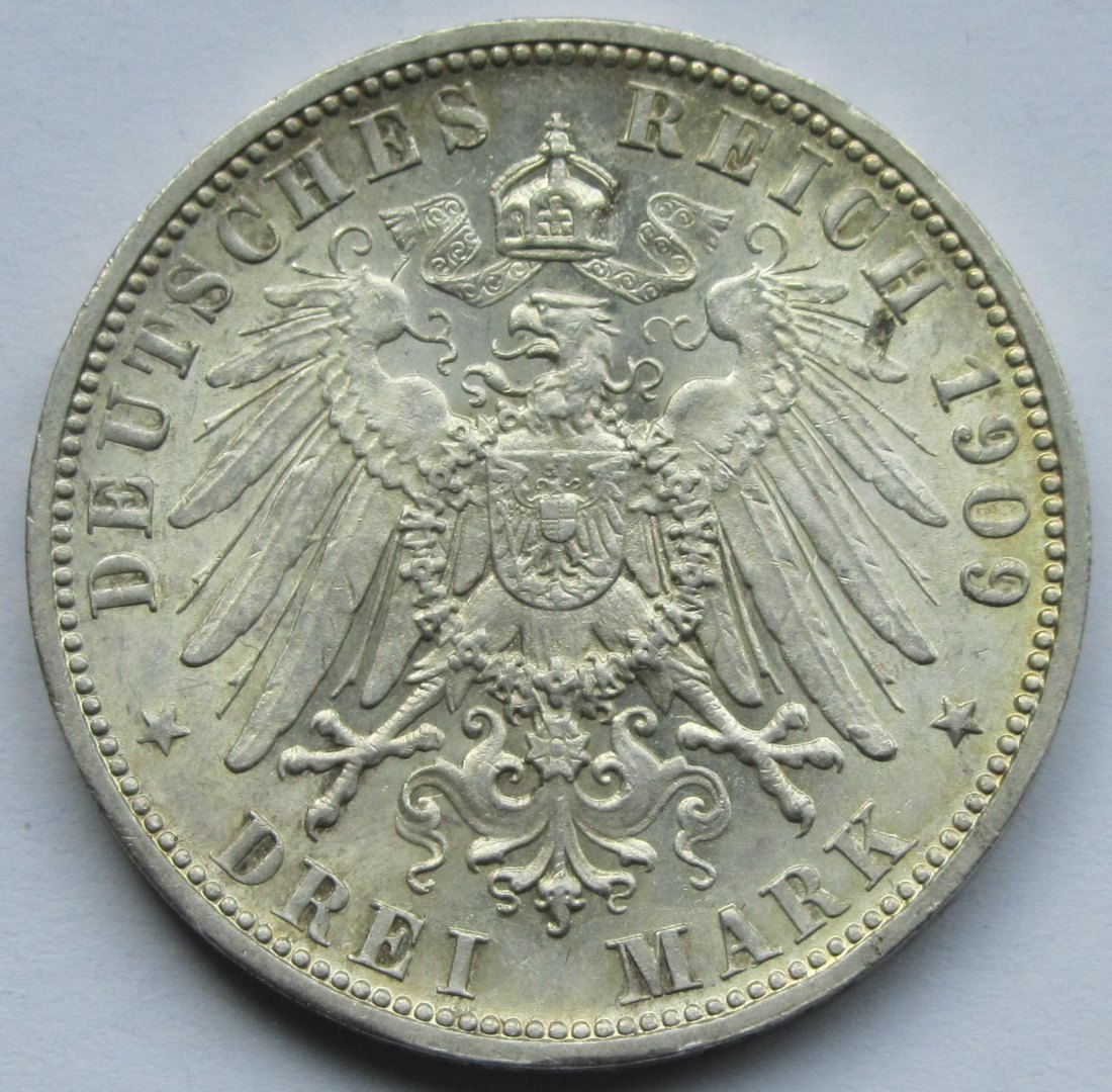  Kaiserreich: Württemberg, 3 Mark Wilhelm II. (Jaeger 175), 1909 in Top-Erhaltung   