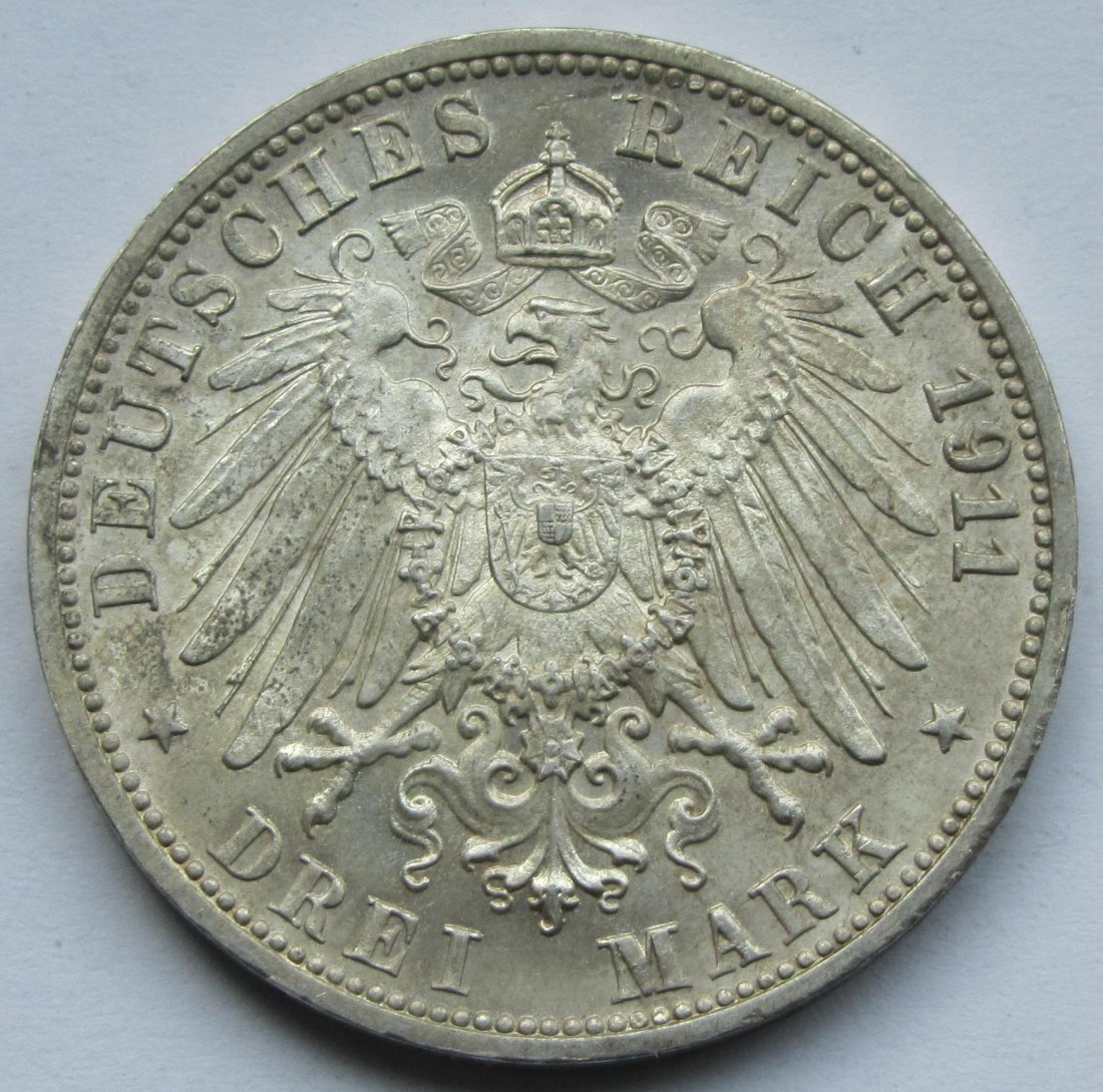  Kaiserreich: Württemberg, 3 Mark Silberne Hochzeit (Jaeger 177), 1911, Top-Erhaltung   