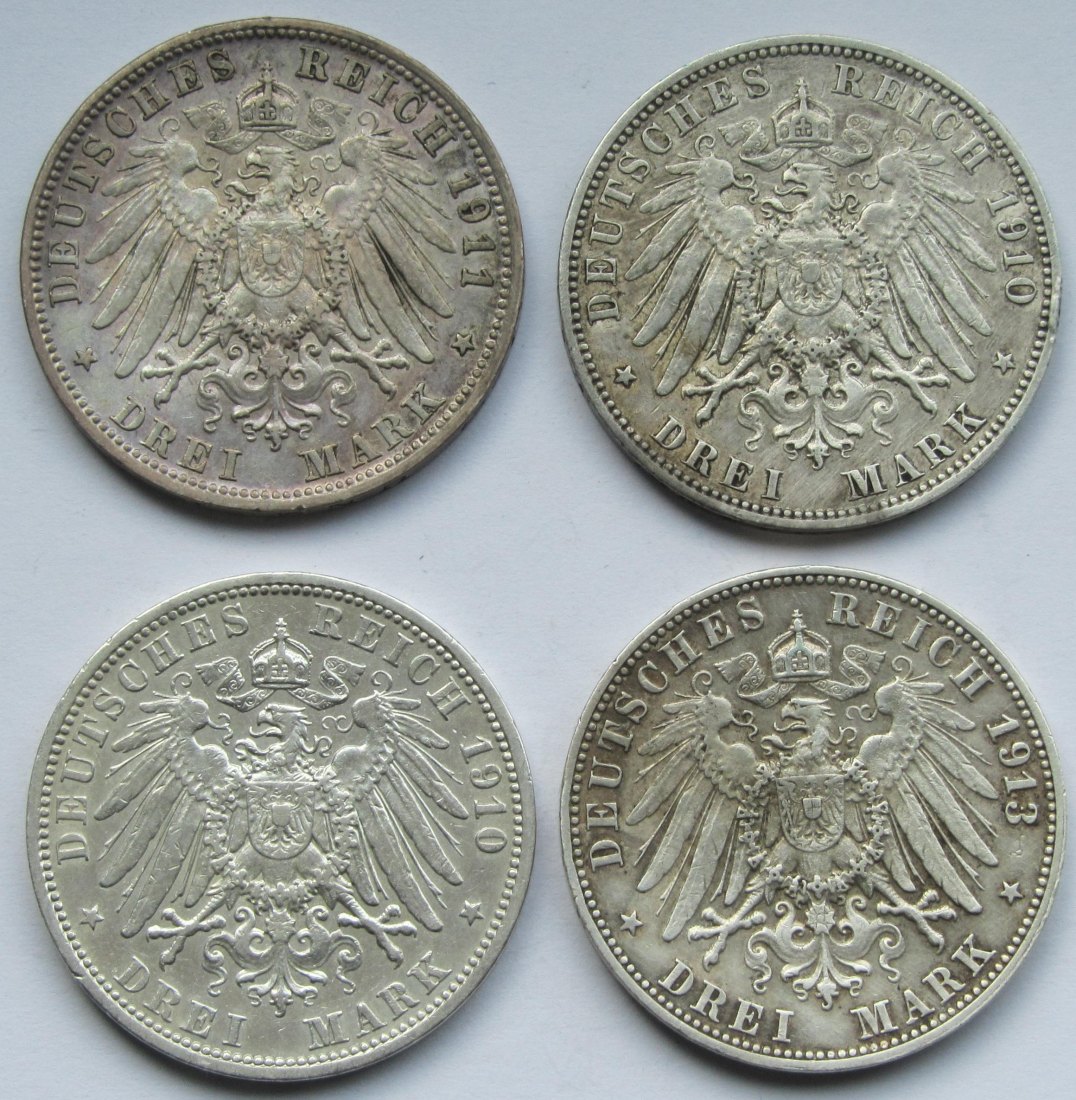 MA auction item 3272467 - Kaiserreich: Vier verschiedene 3 Mark