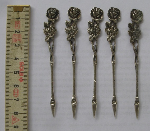  Silver .835, Germany, set: 6 old serving - cocktail forks, Rose decor-roses   