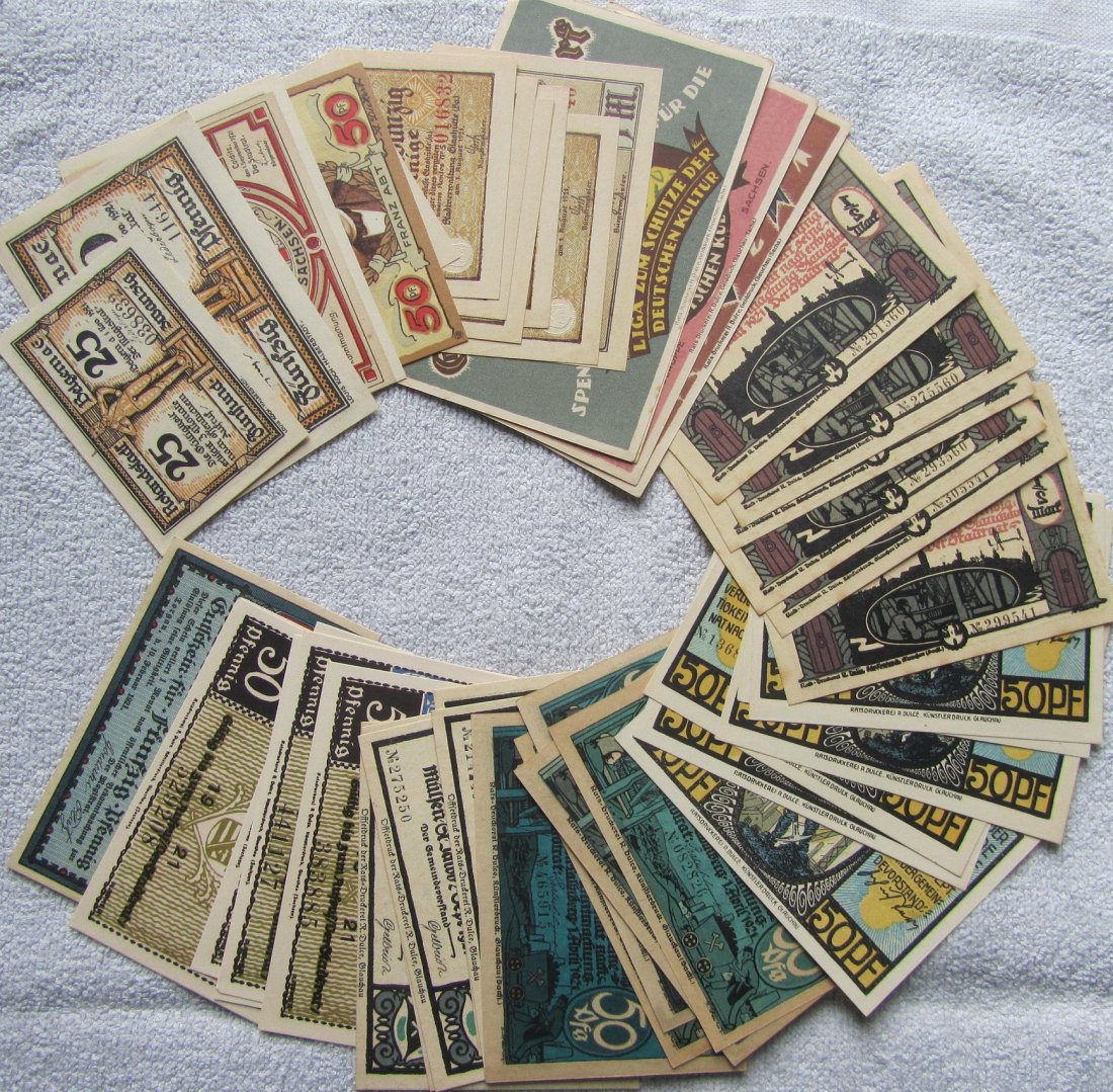  Notgeld: Lot aus 45 verschiedenen Kleingeldscheinen Sachsen   