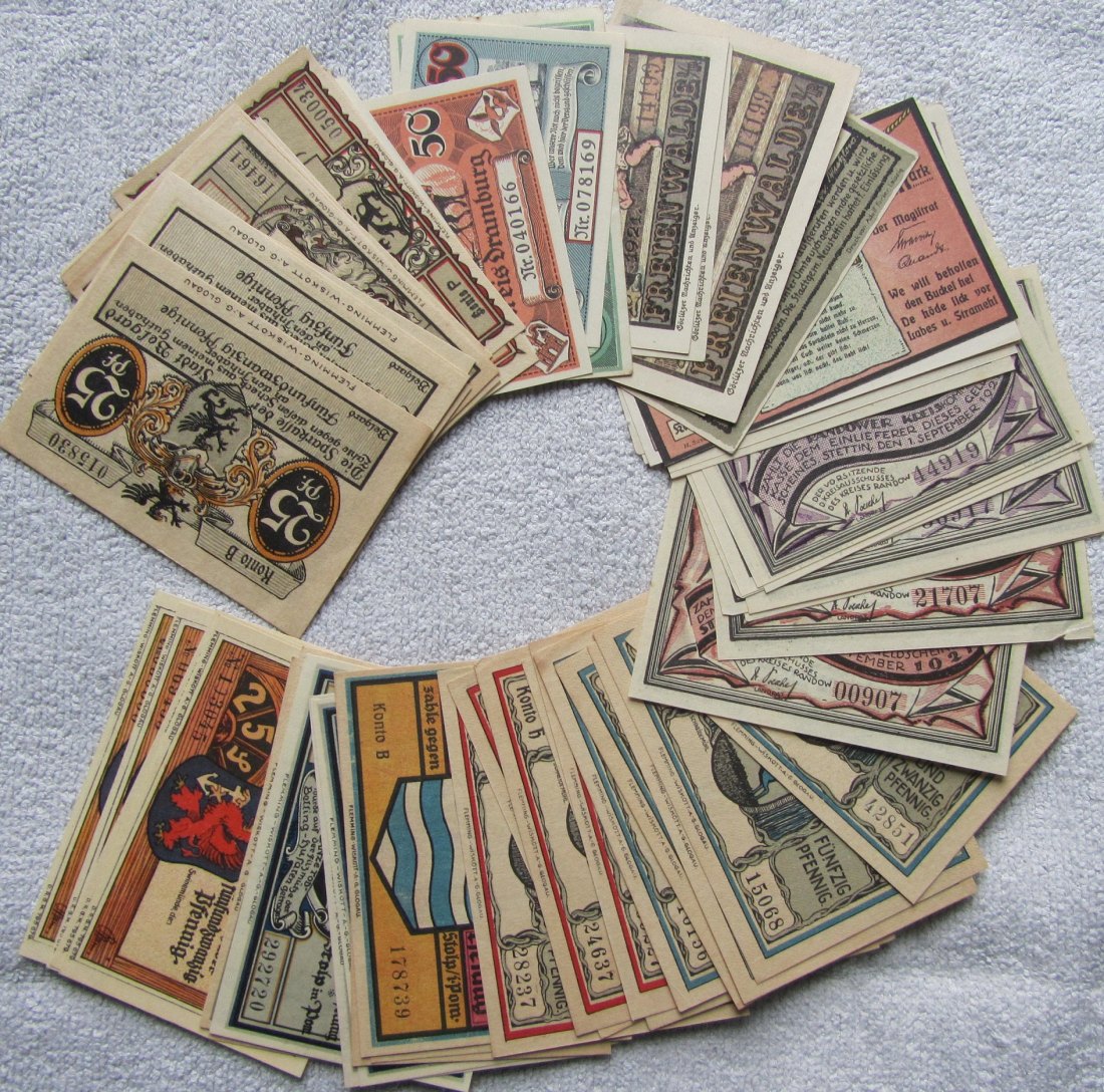  Notgeld: Lot aus 64 verschiedenen Kleingeldscheinen Pommern   