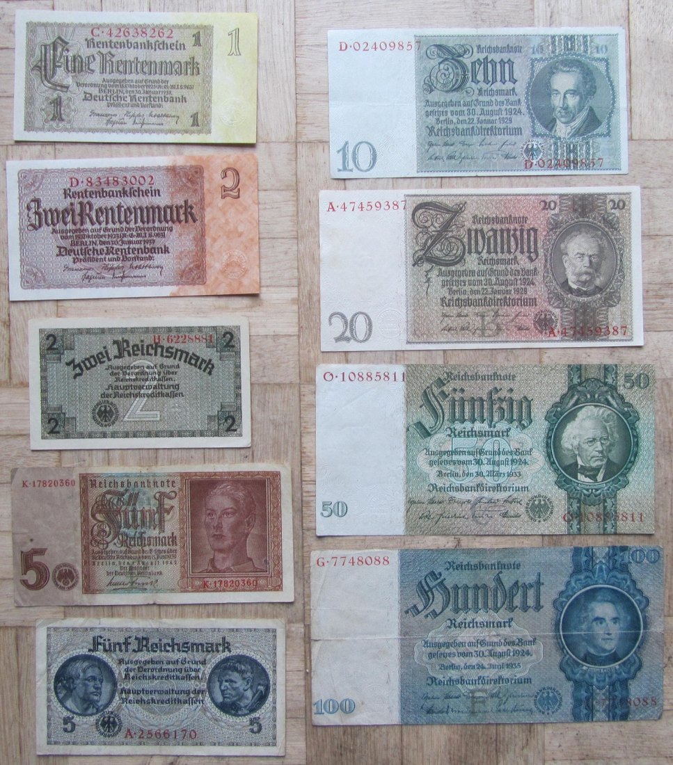  Deutsches Reich: Lot aus neun Banknoten 1924-1948   