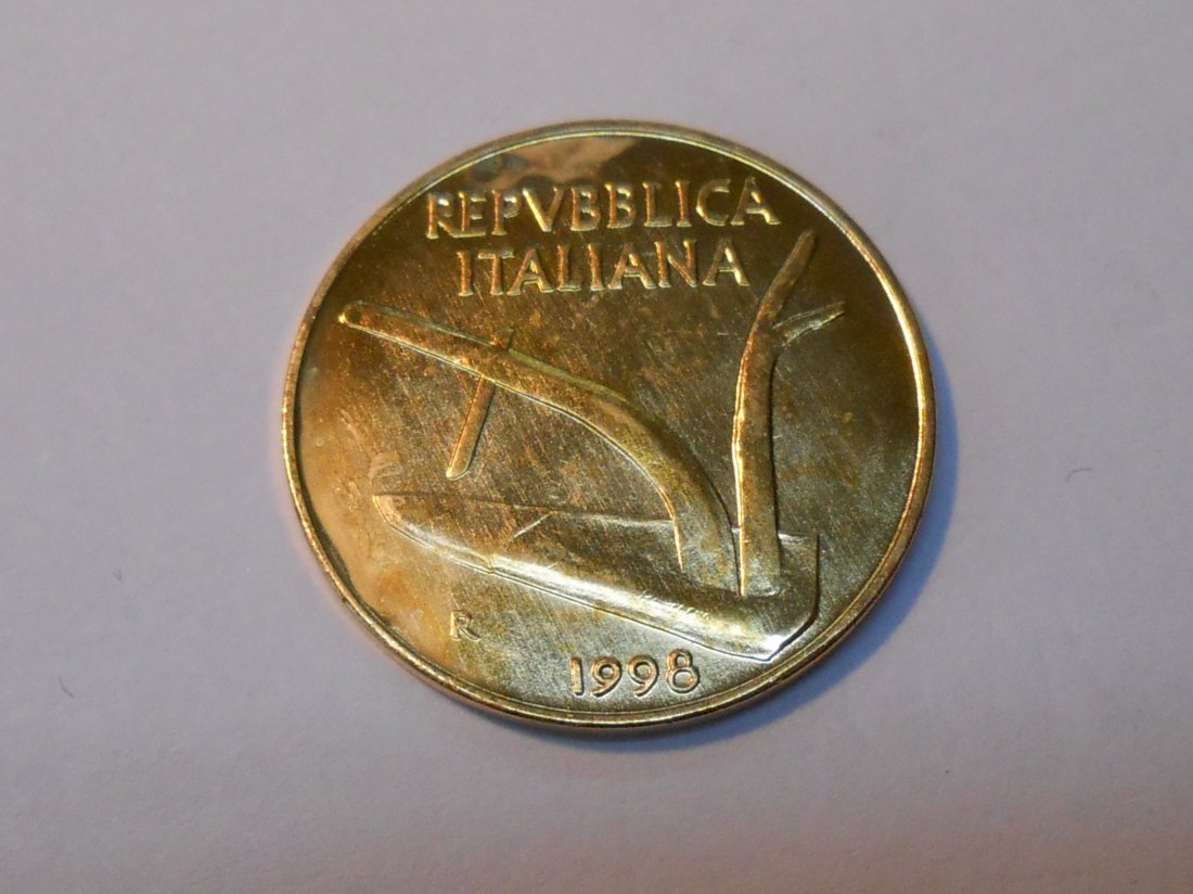  2.Italien 10 Lire 1998 R, KM# 93 Umlaufmünze vergoldet   