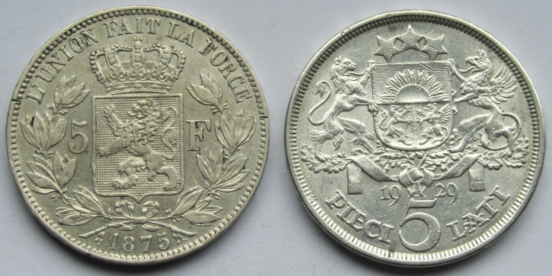  Belgien/Lettland: 5 Francs 1875 + 5 Lati 1929   