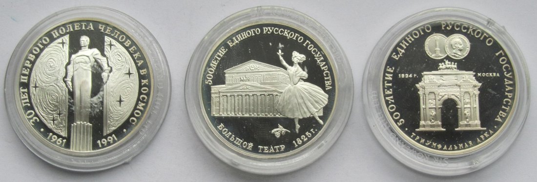  Sowjetunion/Russland: 3 x 3 Rubel 1991, zusammen 93,3 g Feinsilber   