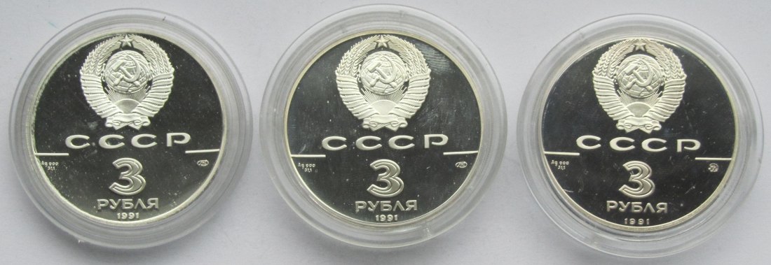  Sowjetunion/Russland: 3 x 3 Rubel 1991, zusammen 93,3 g Feinsilber   