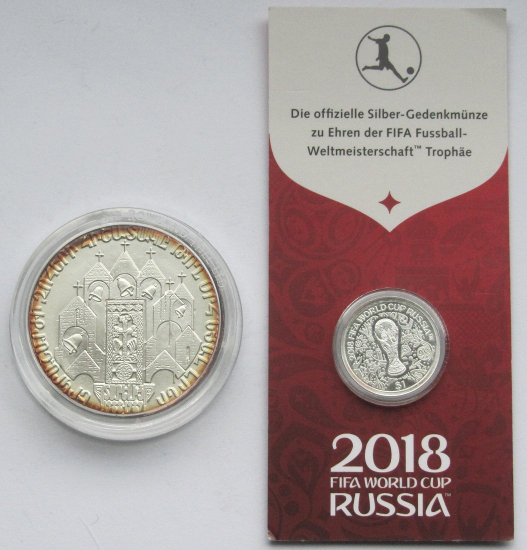  Lot aus armenischer Silbermedaille + Fußballmünze Russland, zusammen 35 g Feinsilber   