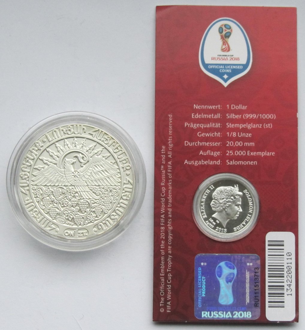  Lot aus armenischer Silbermedaille + Fußballmünze Russland, zusammen 35 g Feinsilber   